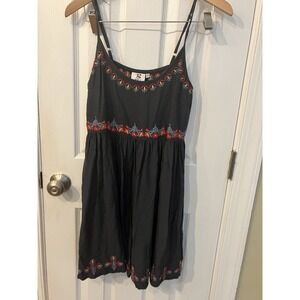 Bali Gray Embroidered Boho Dress Tunic Colorful Spaghetti Strap Bodice Dress M